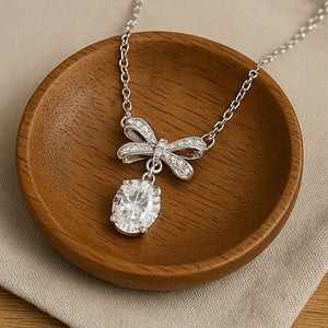 Oval Crystal Bow Necklace - PEACORA