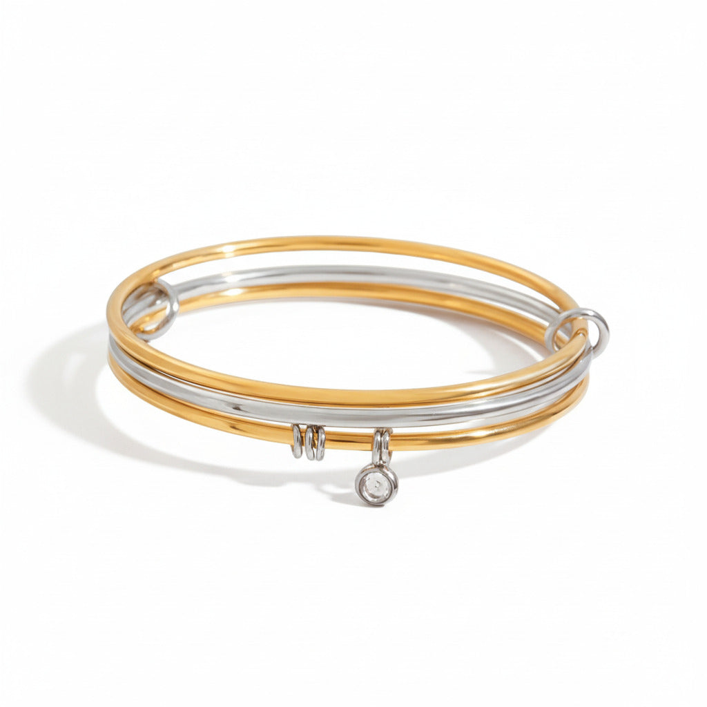 Dual-Tone Stainless Steel Bangle with Charm Accent