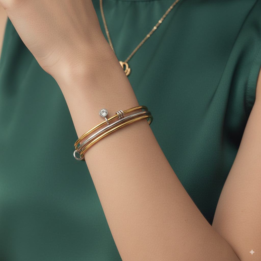 Dual-Tone Stainless Steel Bangle with Charm Accent