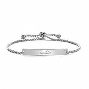 Custom Engraved Silver Bar Plate Slider Bracelet — PEACORA
