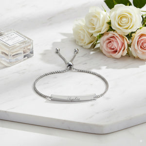 Custom Engraved Silver Bar Plate Slider Bracelet — PEACORA