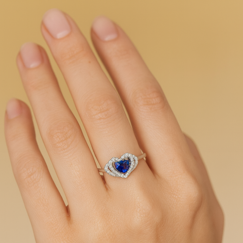 Sapphire Blue Heart Halo Promise Ring - PEACORA