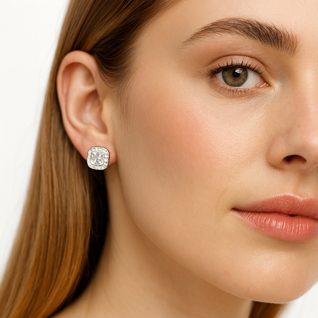 Cushion-Cut Halo Stud Earrings - PEACORA