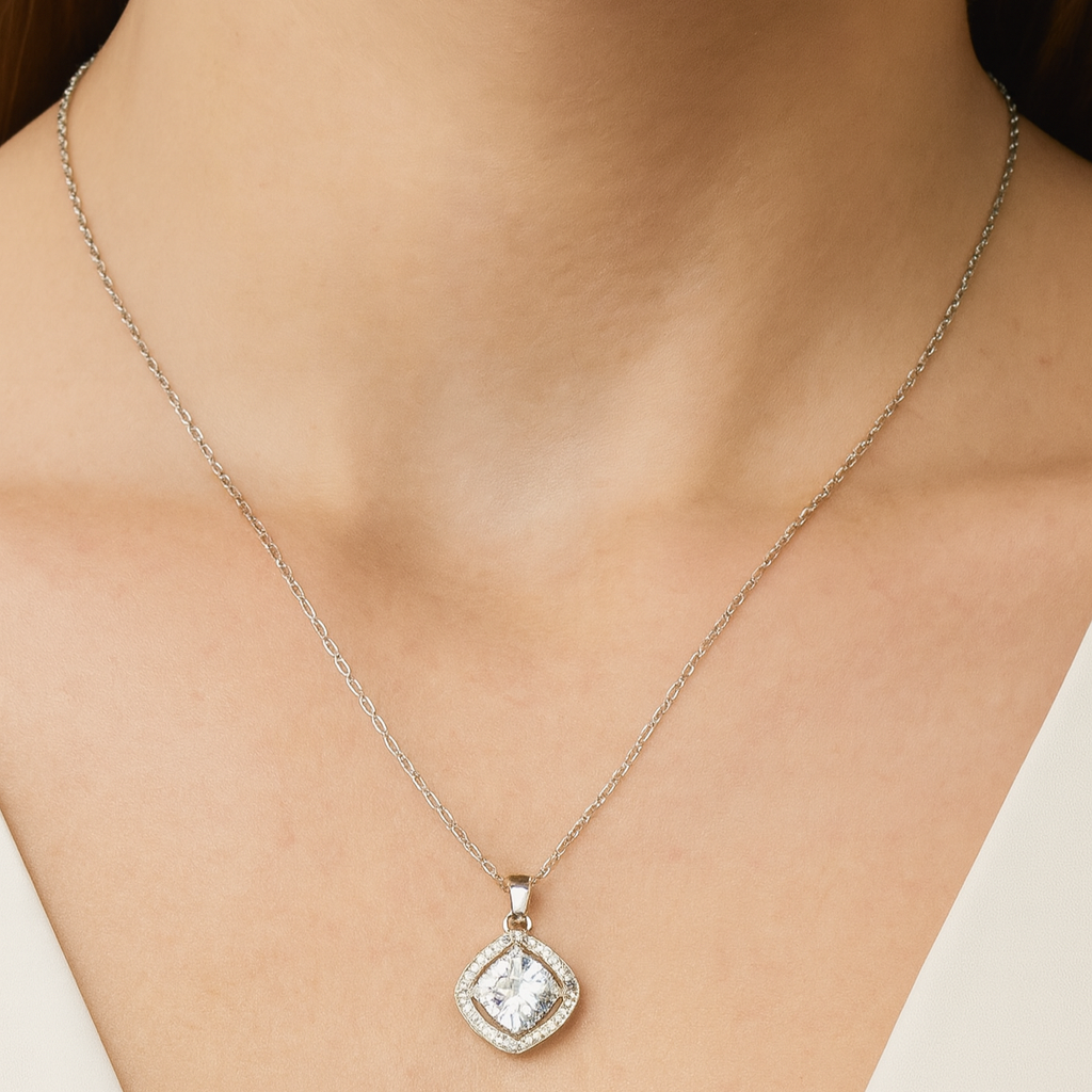 Cushion Halo Pendant Necklace - PEACORA