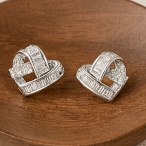 Silver Crystal Ribbon Heart Earrings - PEACORA