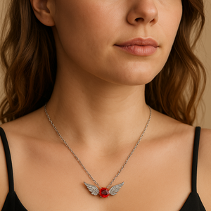 Silver Angel Wings Red Gem Necklace - PEACORA