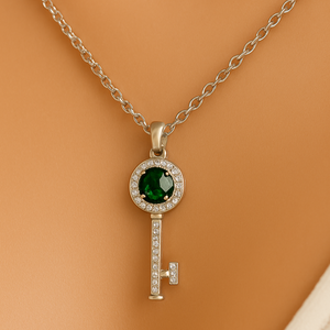 Silver Emerald Green Crystal Key Pendant Necklace - PEACORA