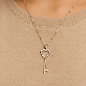 Silver Heart Key Pendant Necklace - PEACORA