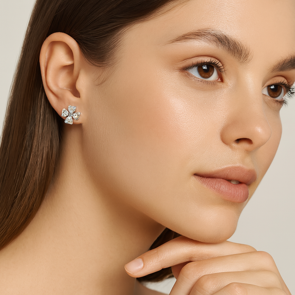 Silver Clover Crystal Stud Earrings - PEACORA