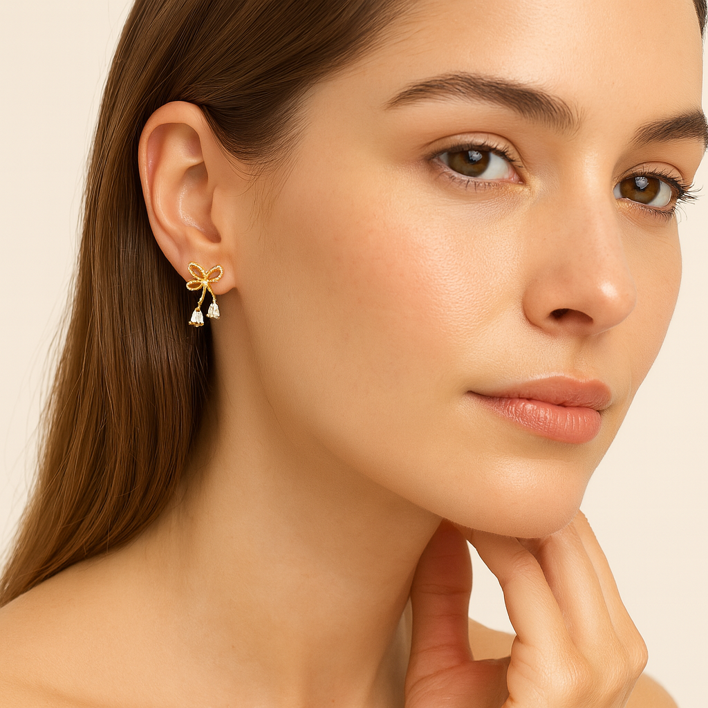 Golden Grace Bow Drop Earrings - PEACORA