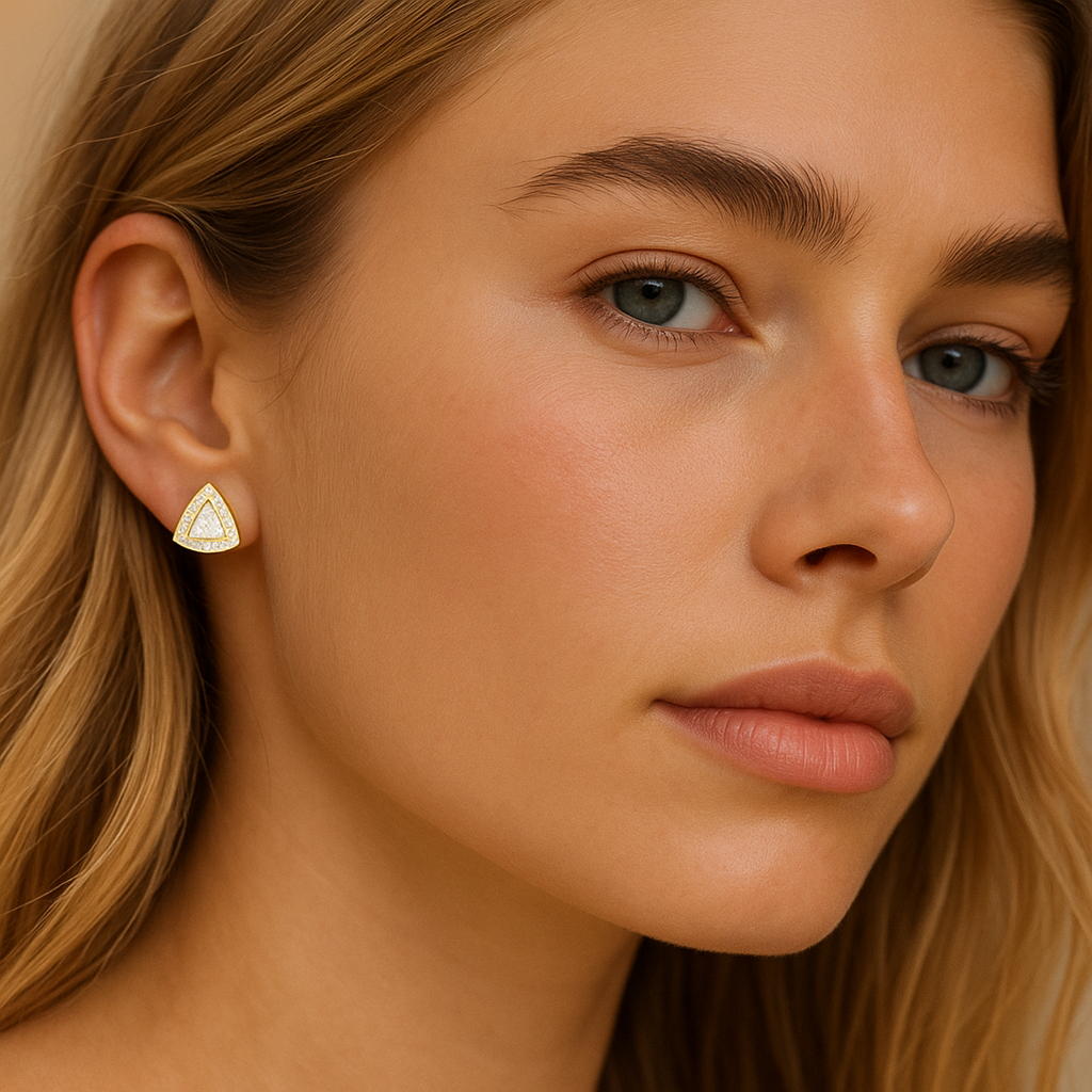 Gold Triangular Halo Stud Earrings - PEACORA