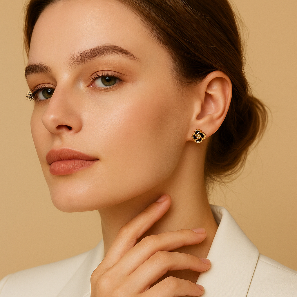 Black Enamel Gold Floral Studs - PEACORA