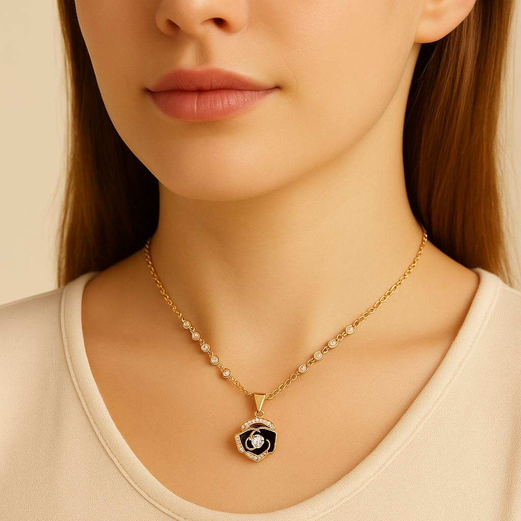 Rose Gold Black Rose Pendant Necklace - PEACORA