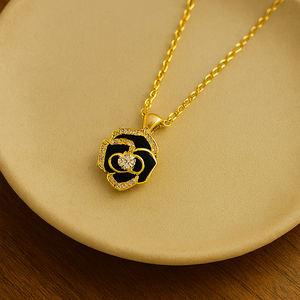Rose Gold Black Rose Pendant Necklace - PEACORA
