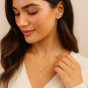 Golden Bow Drop Pendant Necklace - PEACORA