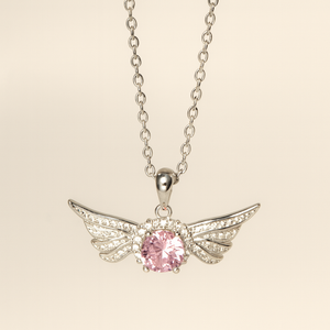 Silver Angel Wing Pink Crystal Necklace - PEACORA