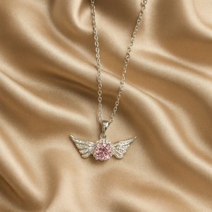 Silver Angel Wing Pink Crystal Necklace - PEACORA