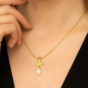 Golden Oval Crystal BOW Pendant Necklace - PEACORA