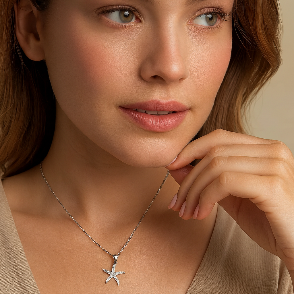 Silver Starfish Crystal Pendant Necklace - PEACORA