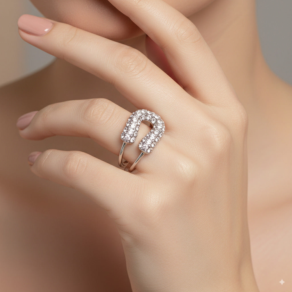 Crystal Horseshoe Open Ring – SIlver Finish Stainless Steel - PEACORA