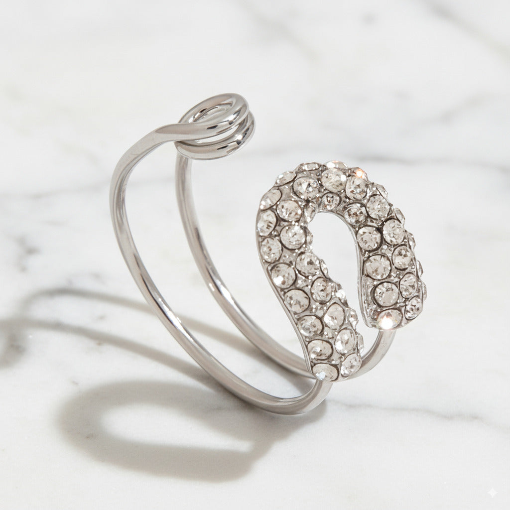 Crystal Horseshoe Open Ring – SIlver Finish Stainless Steel - PEACORA