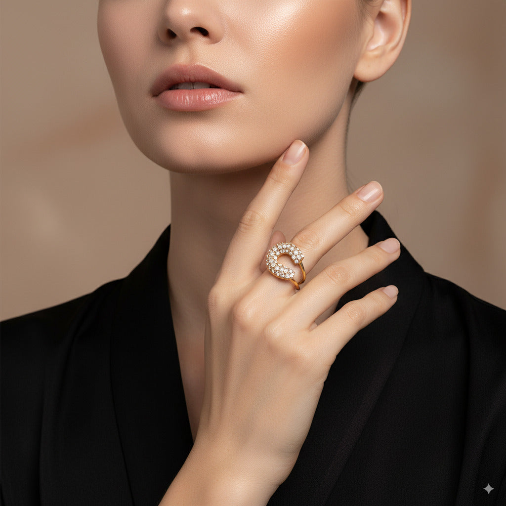 Crystal Horseshoe Open Ring – Gold Finish Stainless Steel - PEACORA