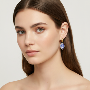 Stainless Steel Hoop Earrings with Blue Floral Charm – Gold Finish - PEACORA