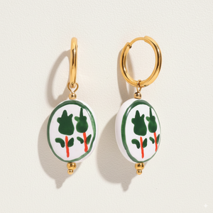 Stainless Steel Hoop Earrings with Blue Floral Charm – Gold Finish - PEACORA