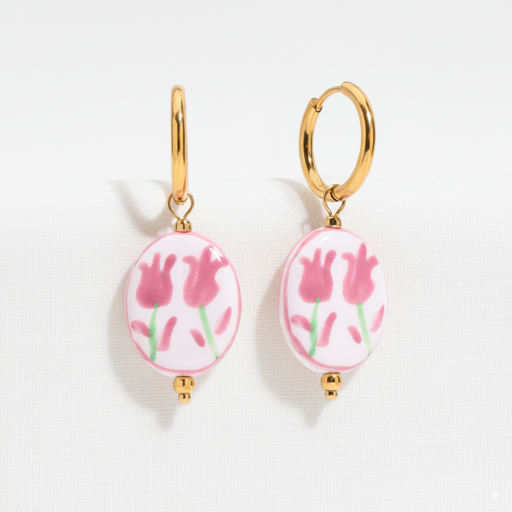 Stainless Steel Hoop Earrings with Blue Floral Charm – Gold Finish - PEACORA