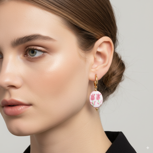 Stainless Steel Hoop Earrings with Blue Floral Charm – Gold Finish - PEACORA