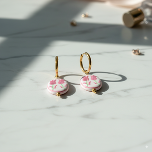 Stainless Steel Hoop Earrings with Blue Floral Charm – Gold Finish - PEACORA