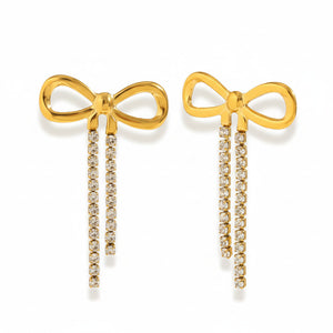 Gold Bow Earrings with Crystal Tassel Drops