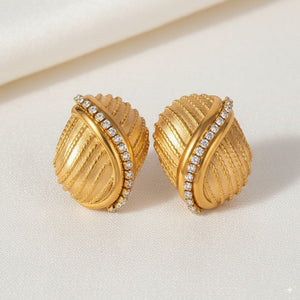 Gold Textured Statement Earrings with Crystal Accent