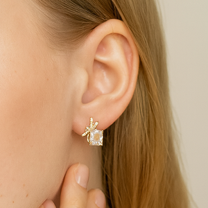 Golden Crystal Bow Stud Earrings - PEACORA