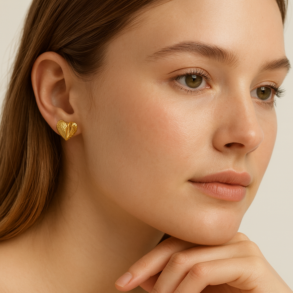 Golden Eternal Shine Textured Heart Studs - PEACORA