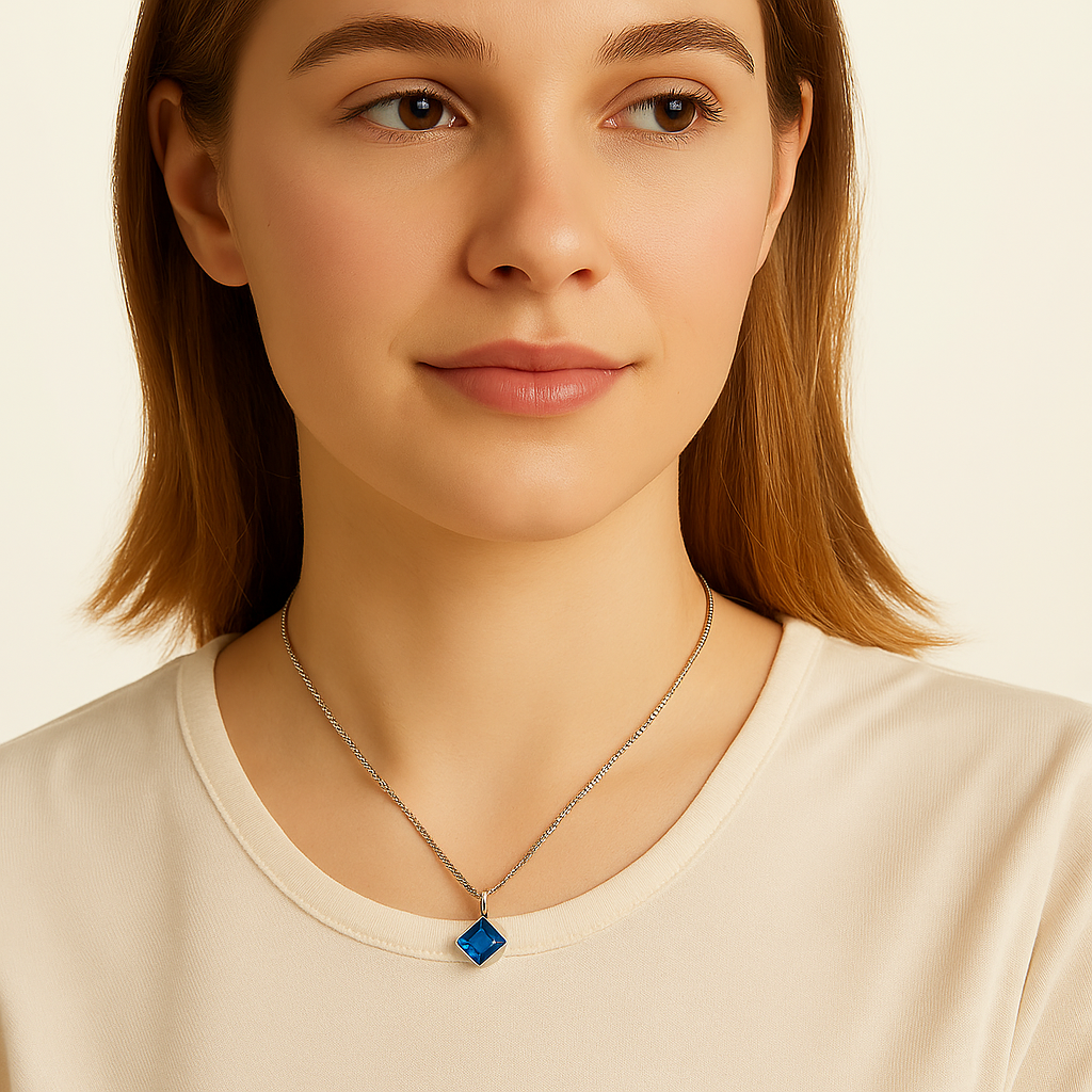 Silver Blue Cube Pendant Necklace - PEACORA