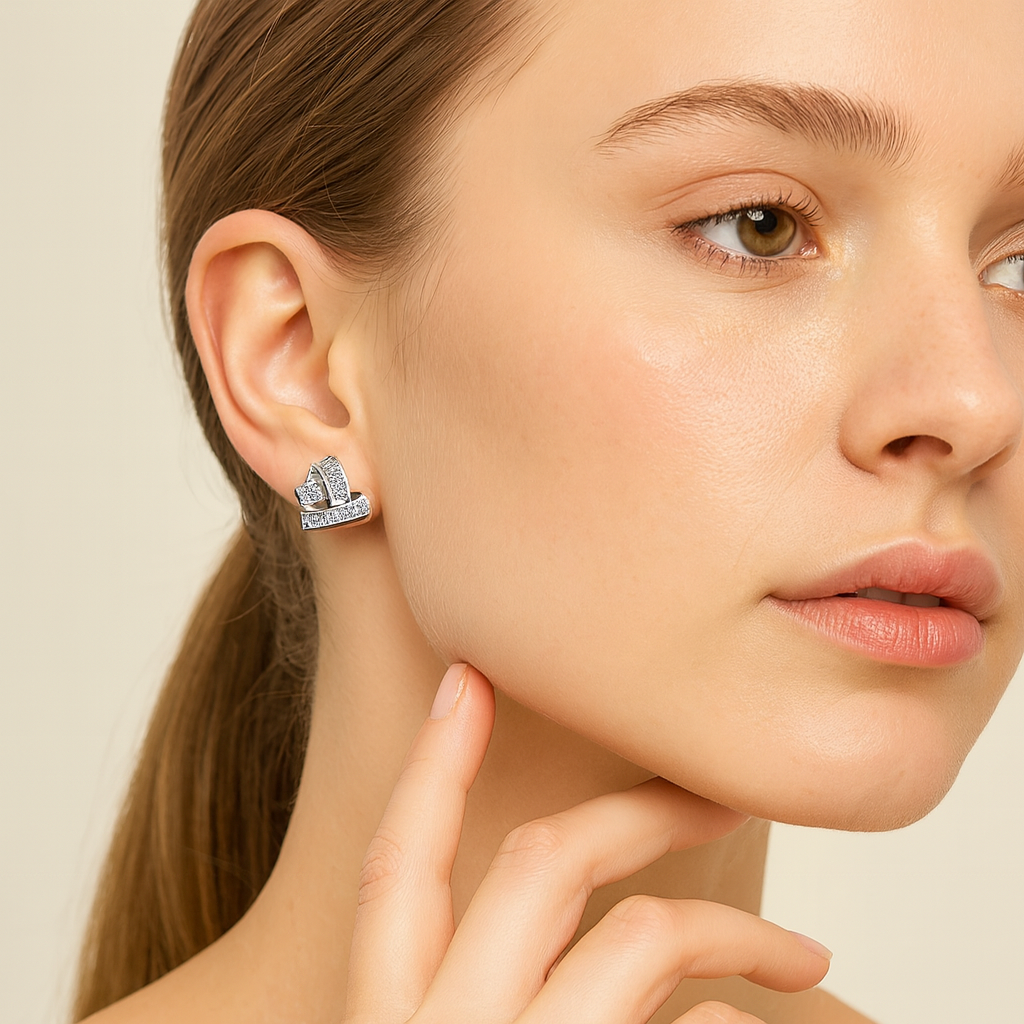 Silver Crystal Ribbon Heart Earrings - PEACORA