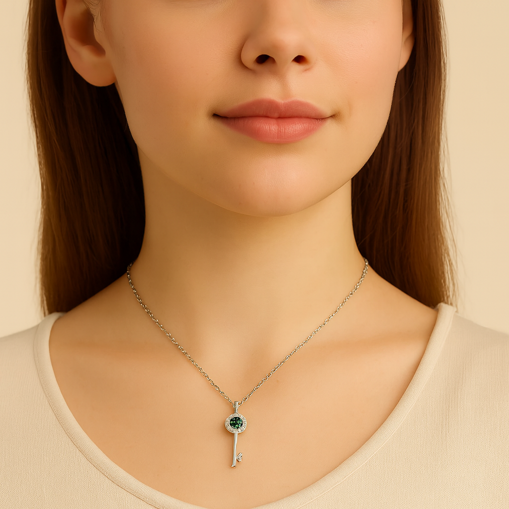 Silver Emerald Green Crystal Key Pendant Necklace - PEACORA