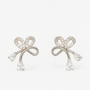 Silver Bow Drop Stud Earrings - PEACORA