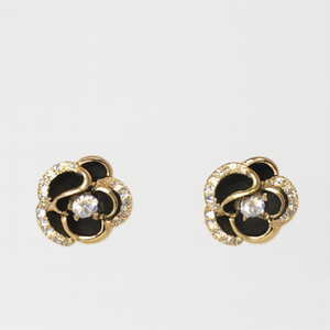Black Enamel Gold Floral Studs - PEACORA