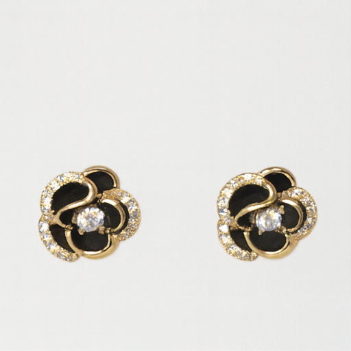 Black Enamel Gold Floral Studs - PEACORA