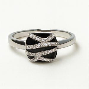 Black Enamel and Crystal Accent Ring - PEACORA