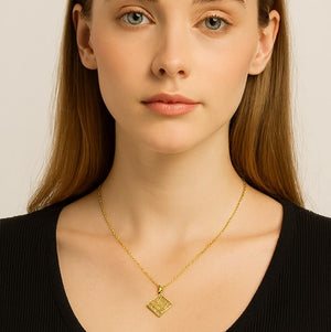 Square Crystal Gold Pendant Necklace - PEACORA