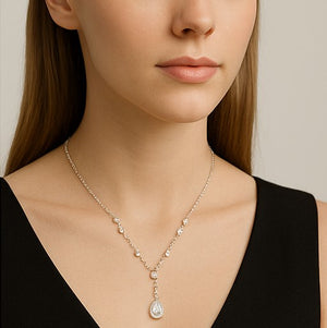 Silver Teardrop Crystal Necklace - PEACORA