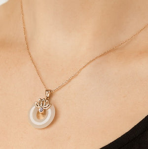 Lotus White Jade Rose Gold Vermeil Pendant Necklace - PEACORA