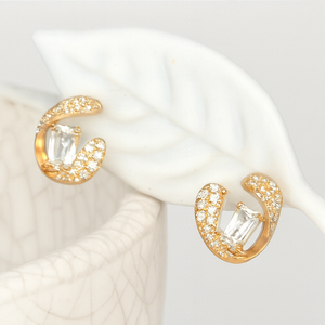 Gold Crescent Crystal Stud Earrings - PEACORA