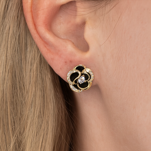 Black Enamel Gold Floral Studs - PEACORA