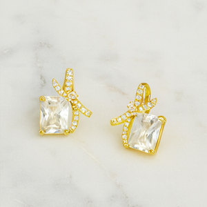 Golden Crystal Bow Stud Earrings - PEACORA