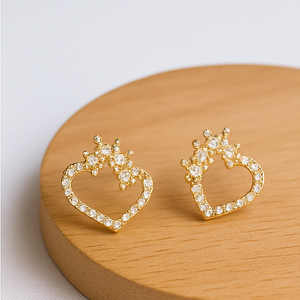 Gold Heart Crown Stud Earrings - PEACORA