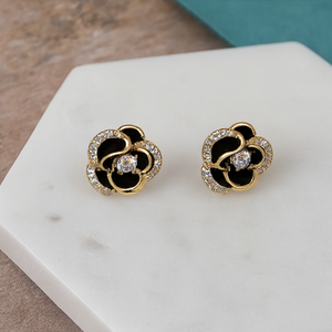 Black Enamel Gold Floral Studs - PEACORA